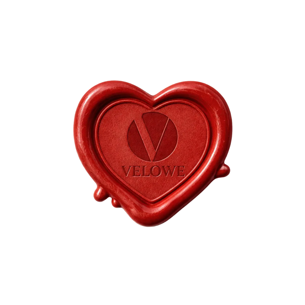 Red heart-shaped stamp with 'VELOWE' branding on a white background, velowe waterproof jewelry
